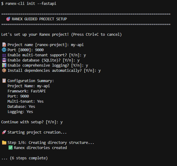 Ranex guided project setup showing interactive prompts