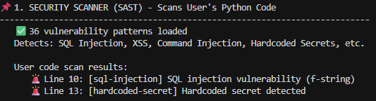 Security Scanner detecting SQL injection and hardcoded secrets